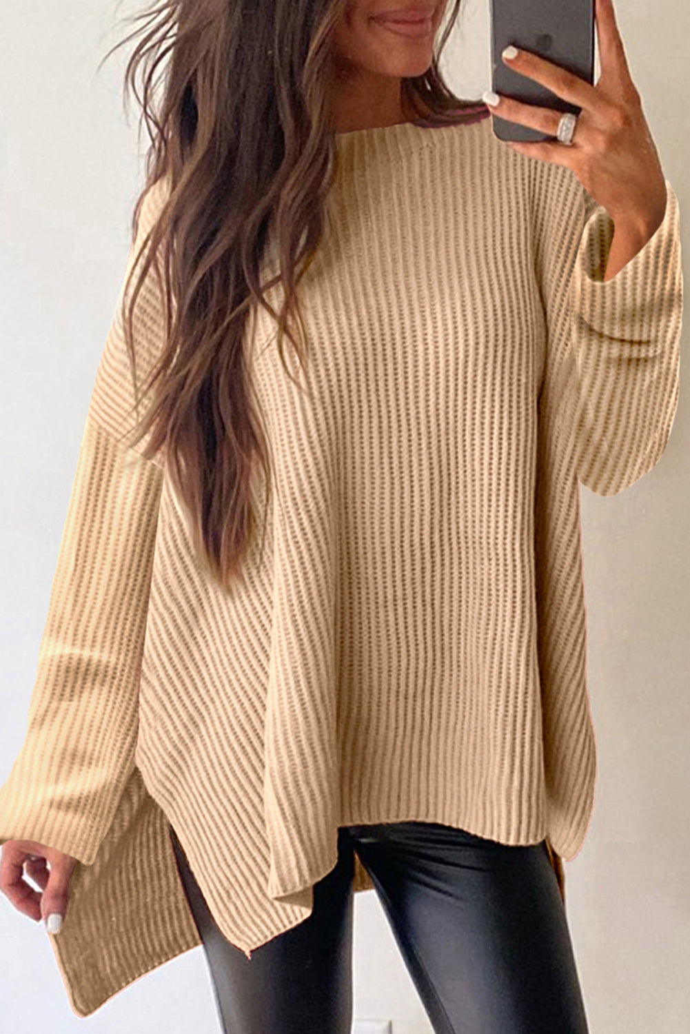 Apricot Cable Knit Drop Shoulder Side Slits Loose Sweater-Chaelisa's New Jammies