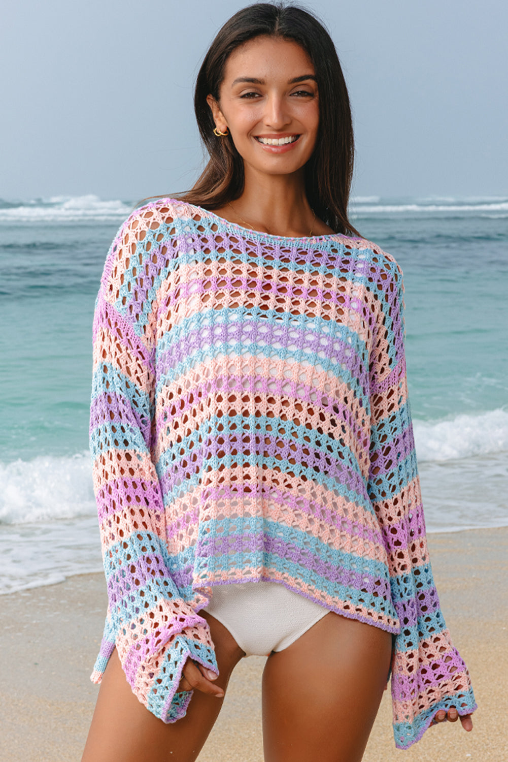Purple Multi Stripe Open Knit Sweater Beach Cover Up-Chaelisa's New Jammies