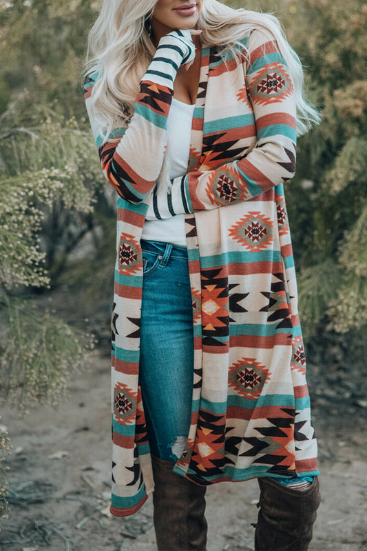 Multicolor Geometric Color Block Open Front Long Cardigan-Chaelisa's New Jammies