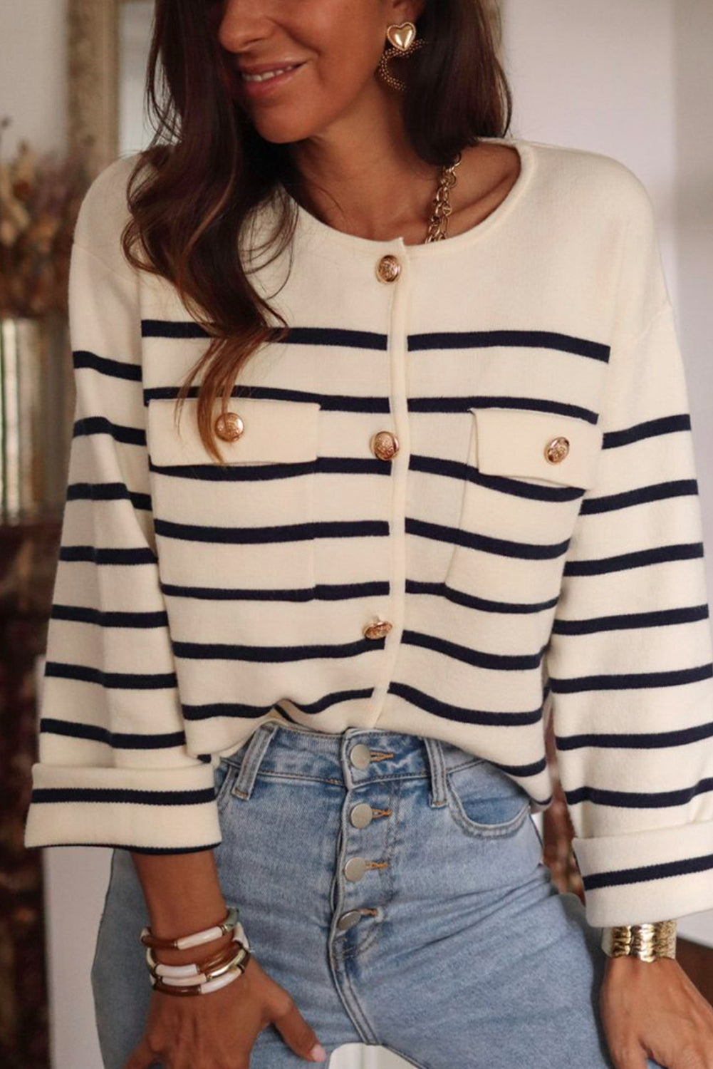 Black Stripe Flap Pocket Buttoned Cardigan Sweater-Chaelisa's New Jammies