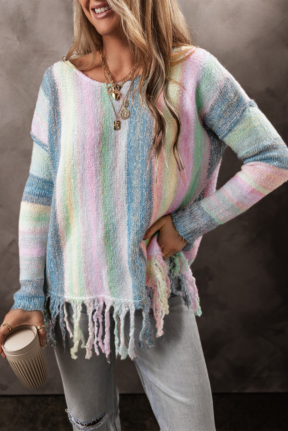 Purple Color Block Fringed Drop Shoulder Tunic Sweater-Chaelisa's New Jammies
