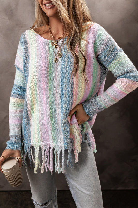 Purple Color Block Fringed Drop Shoulder Tunic Sweater-Chaelisa's New Jammies