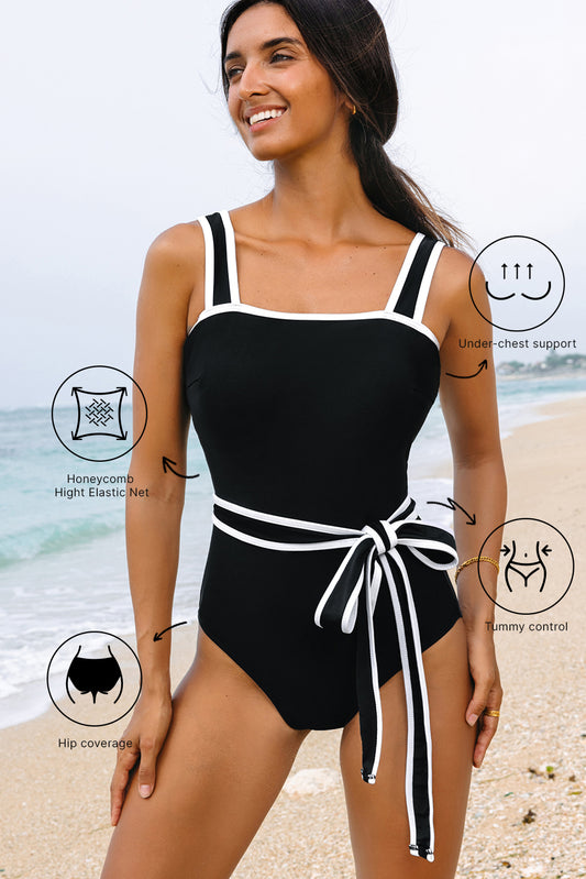 Black Colorblock Edge Belted One Piece Swimsuit-Chaelisa's New Jammies