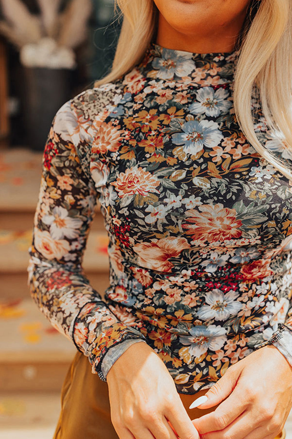 Brown Floral Long Sleeve High Neck Sheath Mesh Blouse-Chaelisa's New Jammies