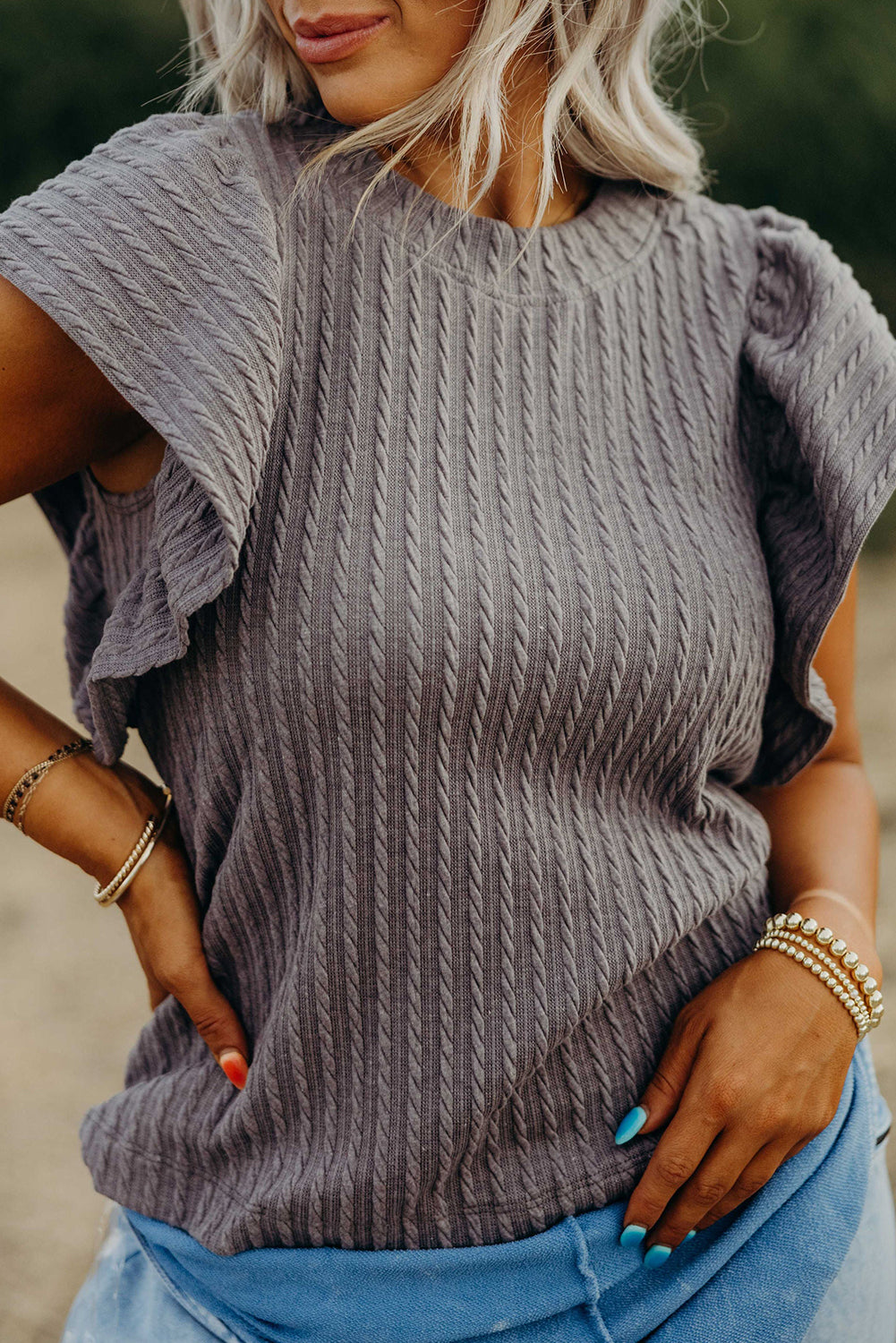 Sleet Solid Color Textured Flutter Sleeve Top-Chaelisa's New Jammies