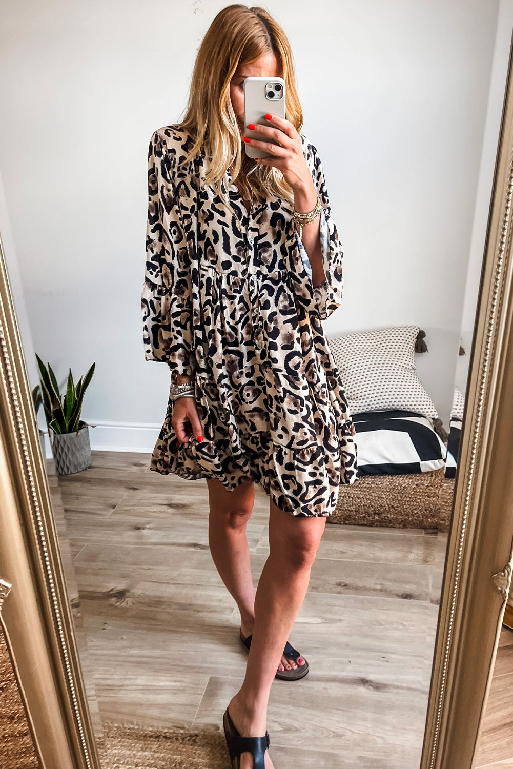 Black Leopard Print Buttoned Front 3/4 Sleeve Tiered Ruffled Hem Dress-Chaelisa's New Jammies