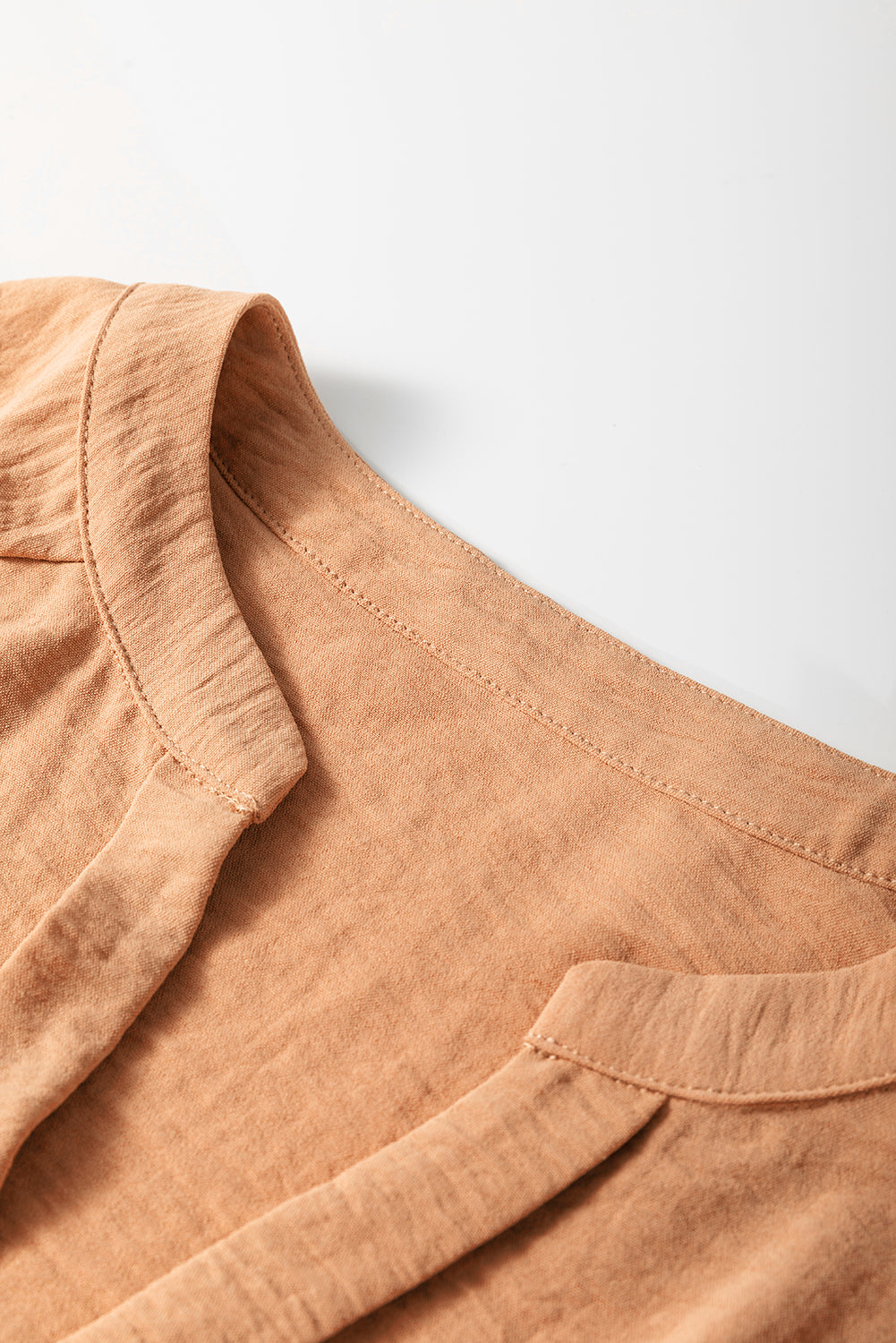 Straw Yellow Solid Color Shirred Cuff Notch V Neck Blouse-Chaelisa's New Jammies