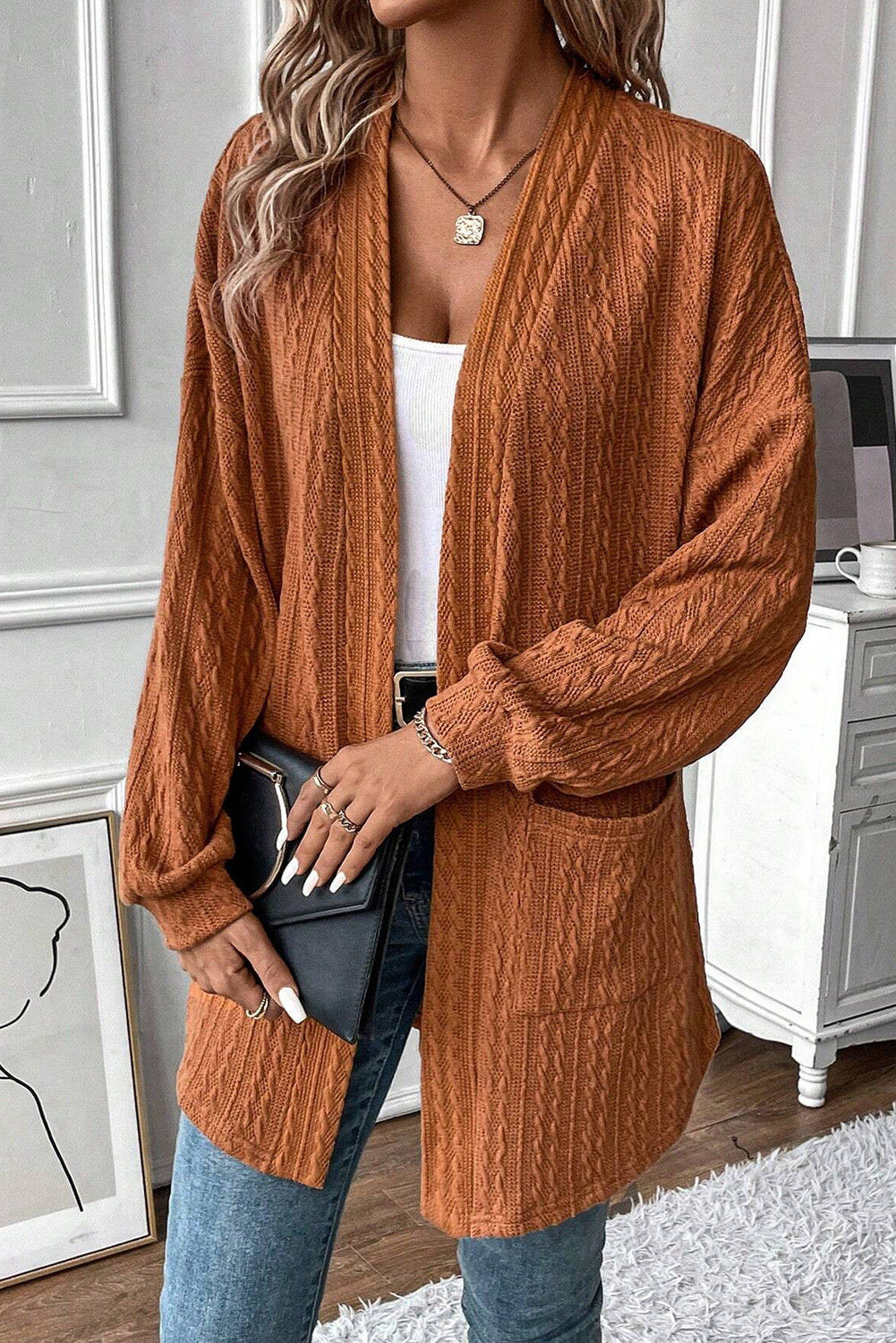 Chestnut Textured Knit Side Pockets Open Front Cardigan-Chaelisa's New Jammies
