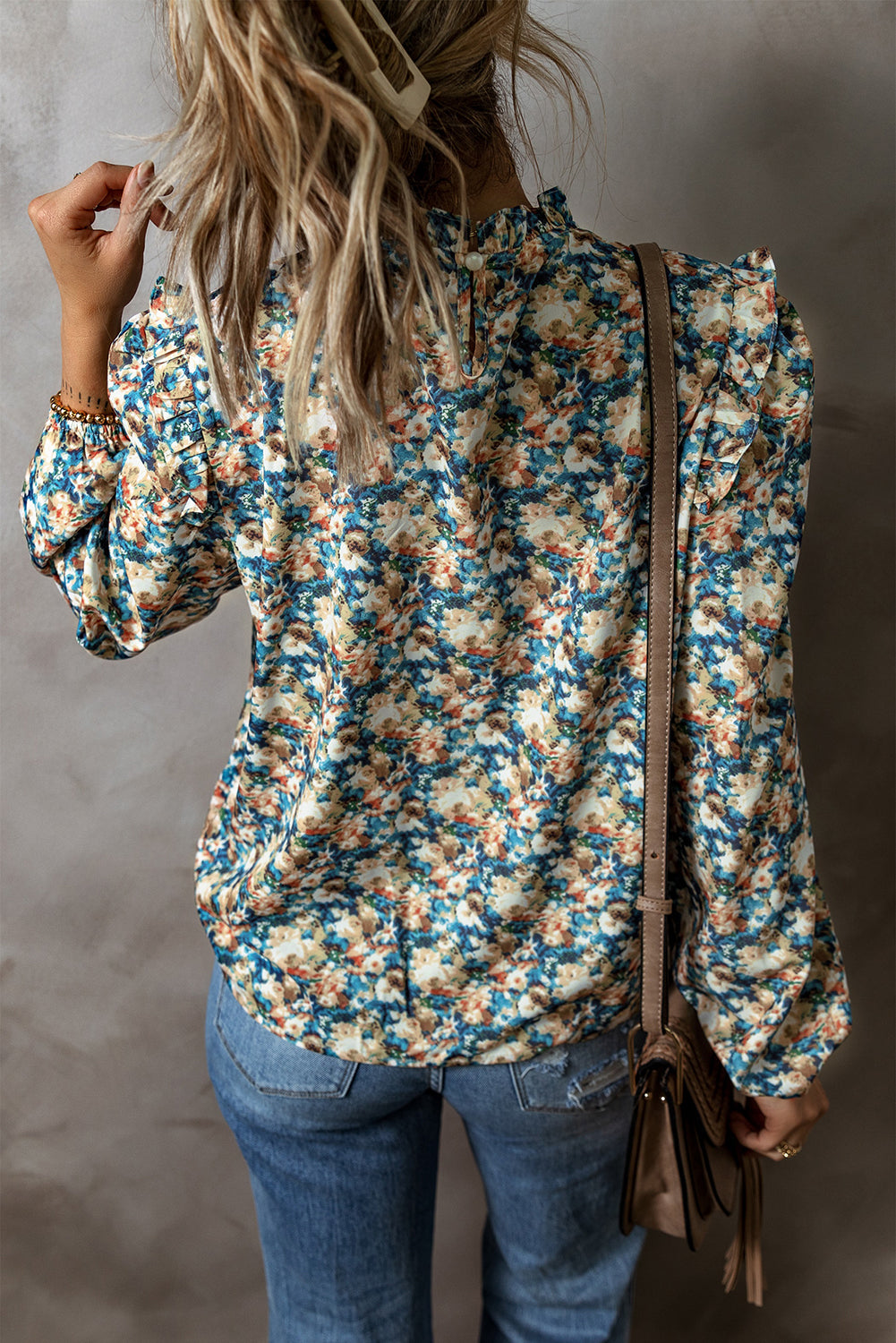 Sky Blue Floral Print Frilled Mock Neck Puff Sleeve Blouse-Chaelisa's New Jammies