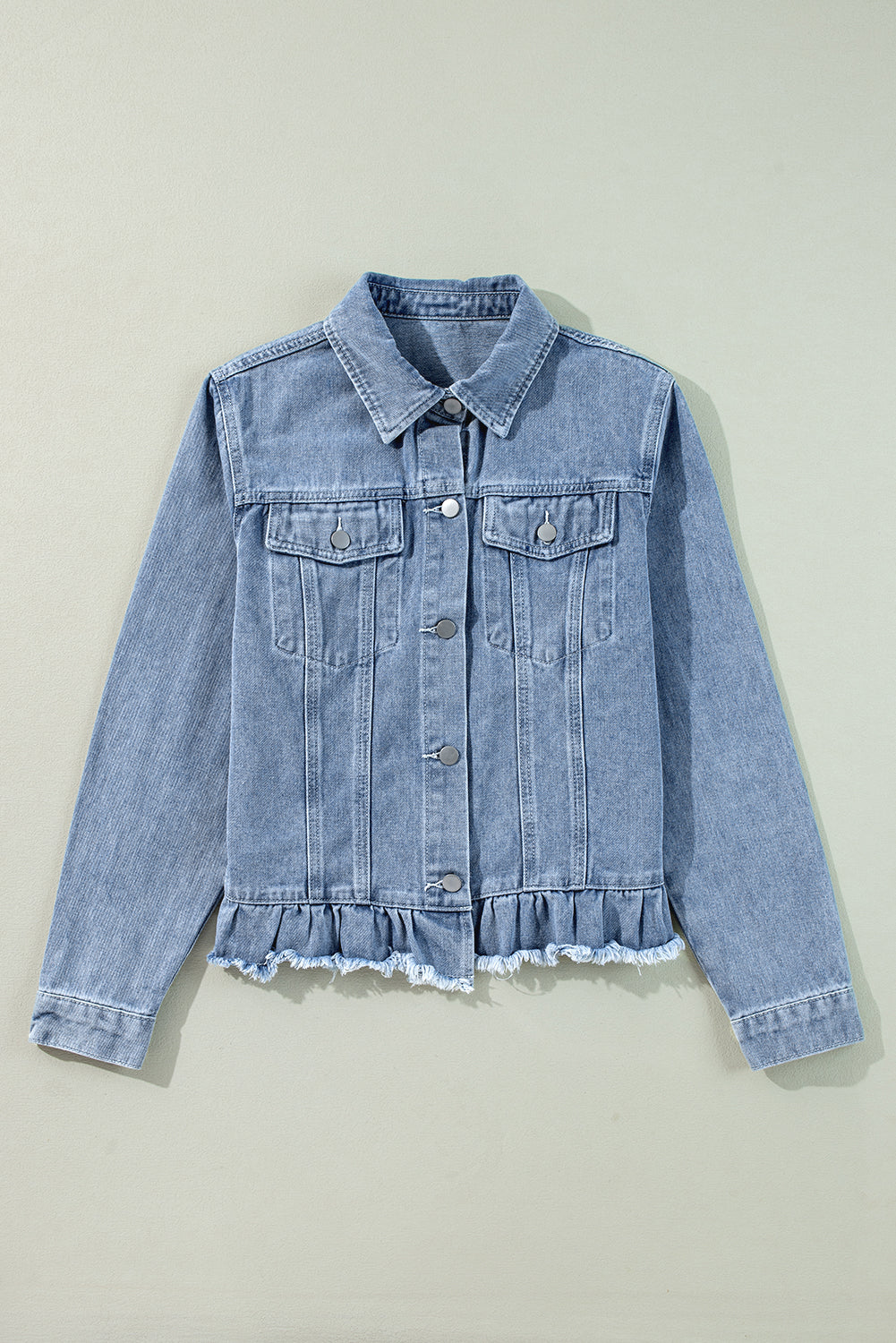 Beau Blue Ruffle Raw Hem Flap Pockets Denim Jacket-Chaelisa's New Jammies