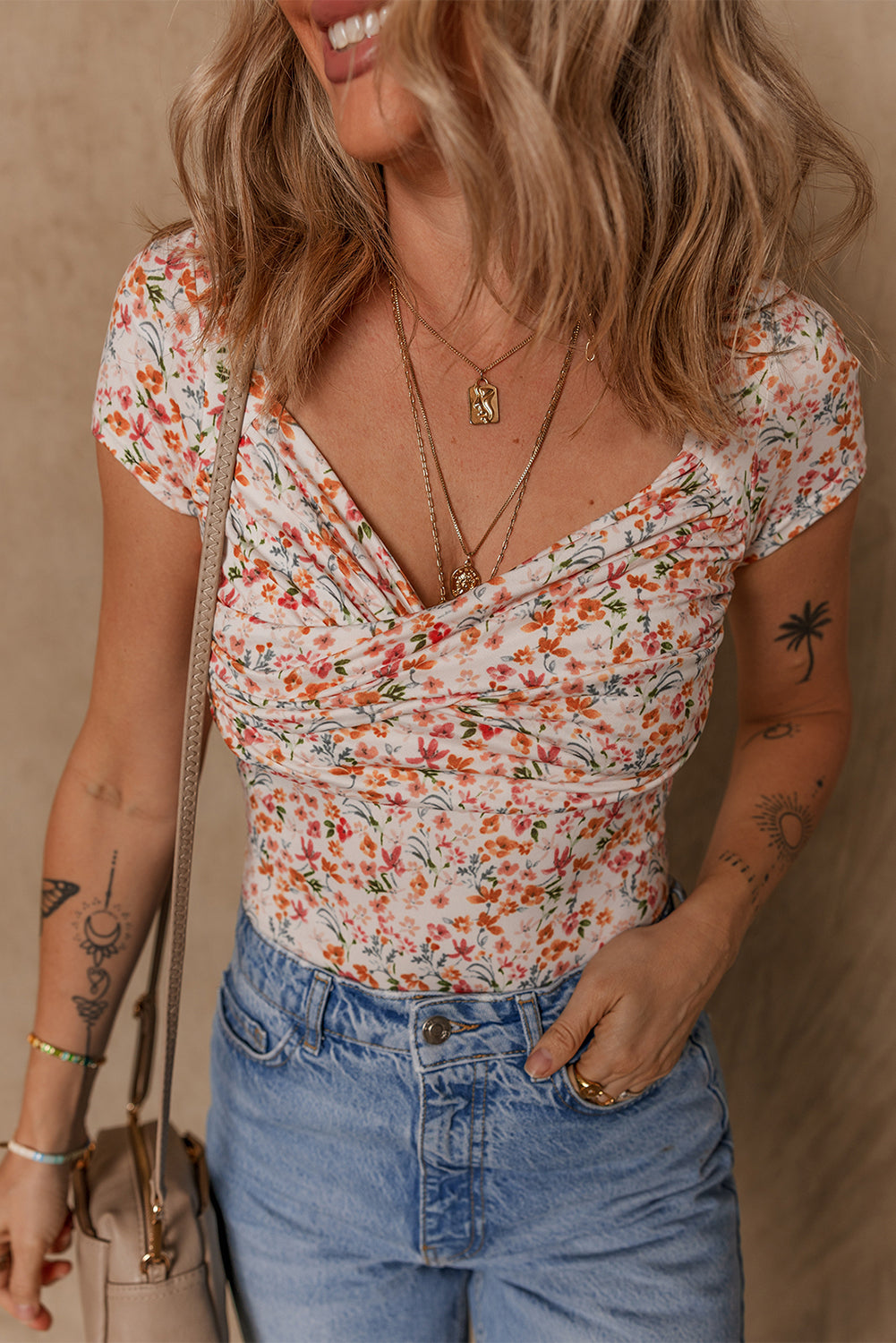 Orange Short Sleeve Floral Ruched Sweetheart Bodysuit-Chaelisa's New Jammies