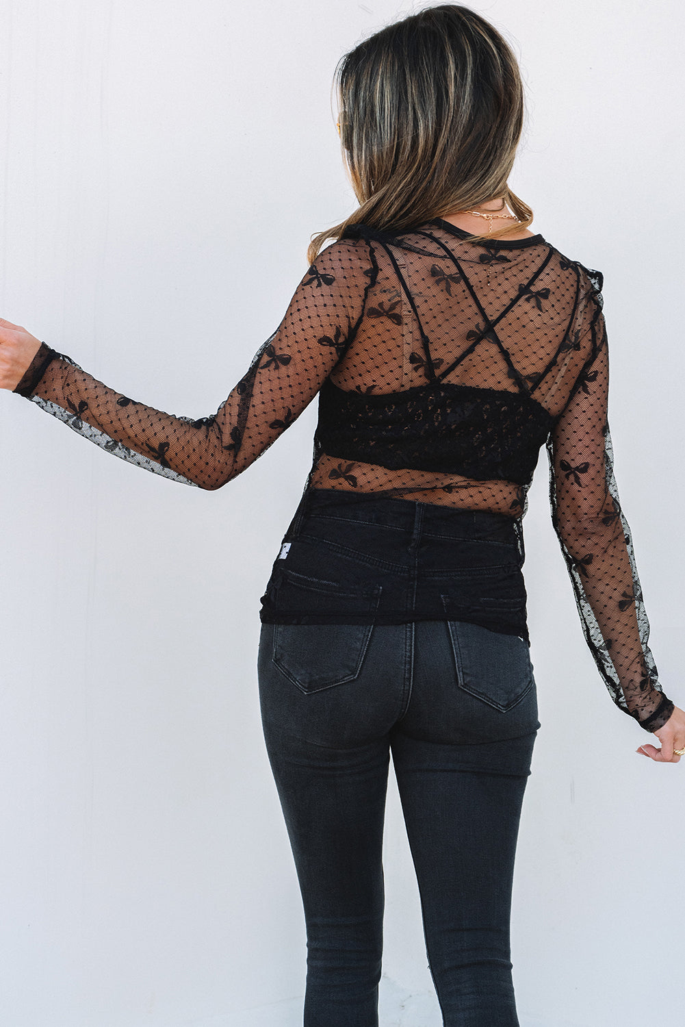 Black Bow Pattern Accent Mesh Long Sleeve Top-Chaelisa's New Jammies