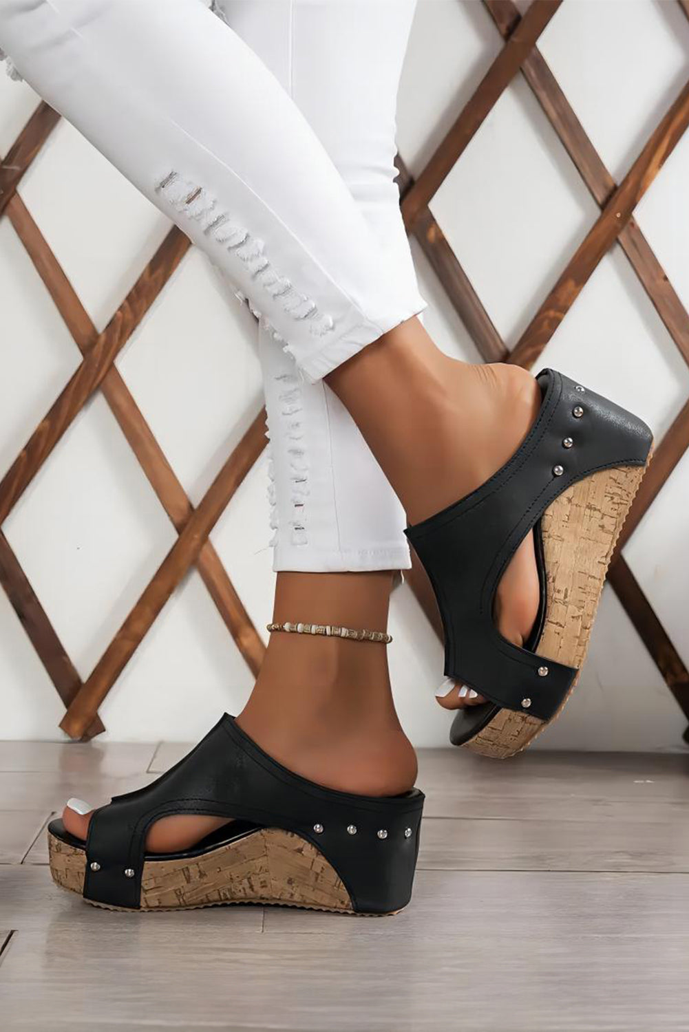 Black Hollow Out Studded PU Leather Wedge Slippers-Chaelisa's New Jammies