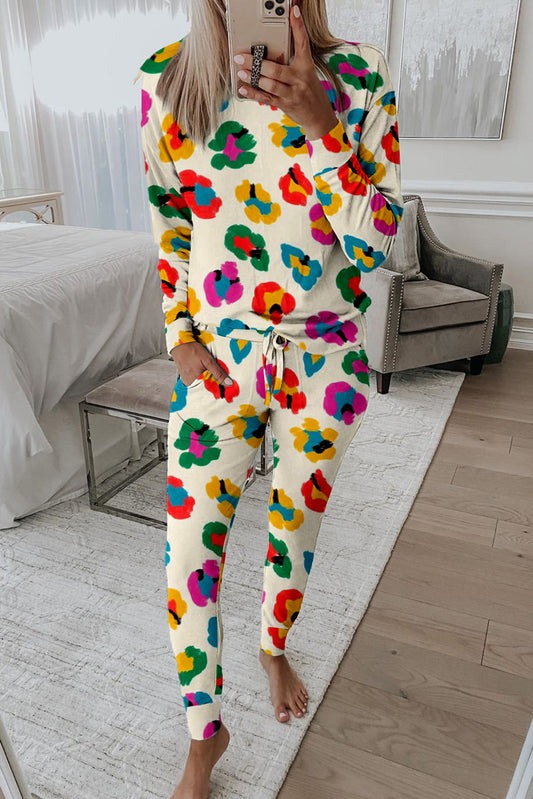 Apricot Leopard Print Long Sleeve Top and Skinny Pants Lounge Set-Chaelisa's New Jammies