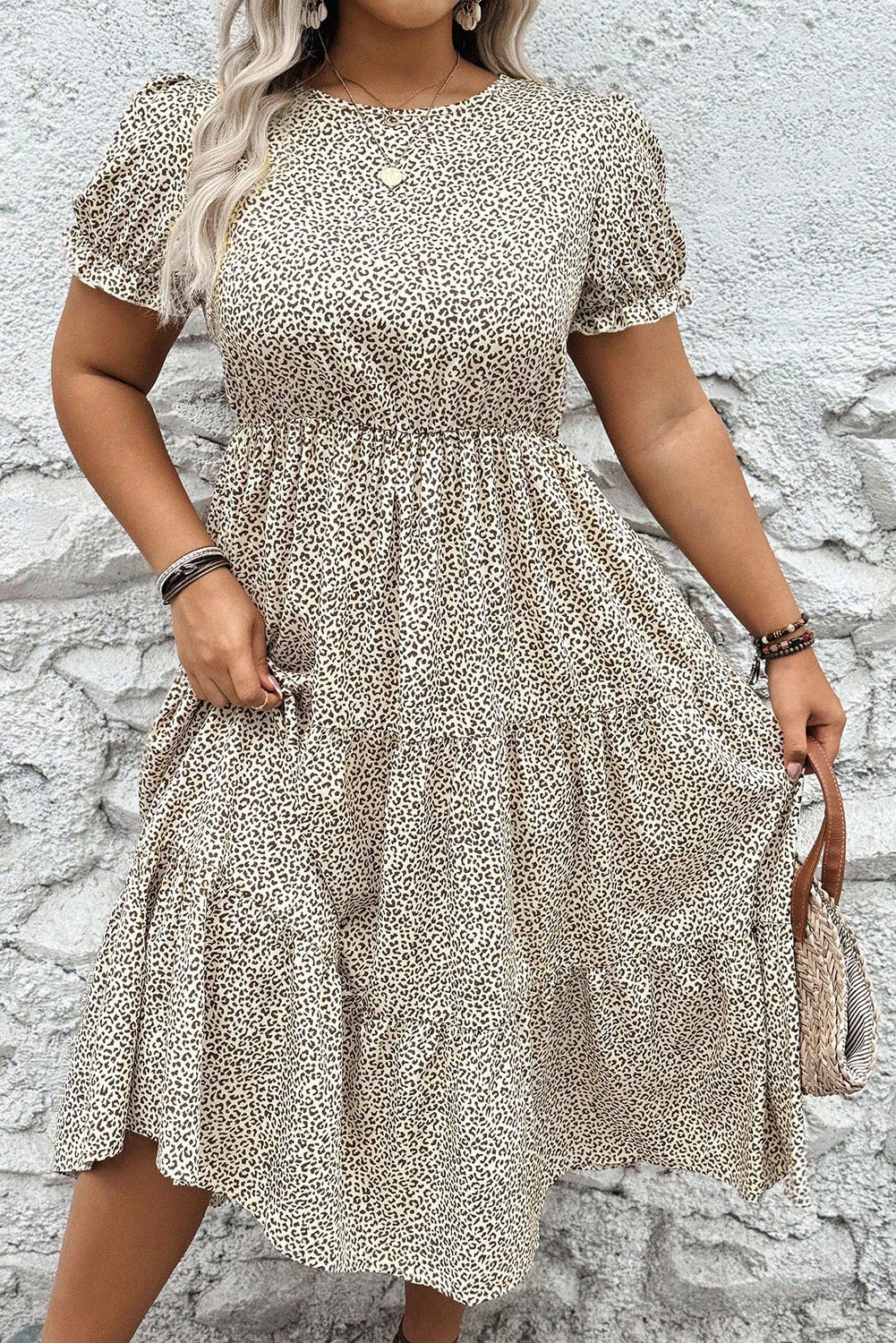 Beige Plus Size Leopard Print Frill Trim Short Sleeve Flared Dress-Chaelisa's New Jammies