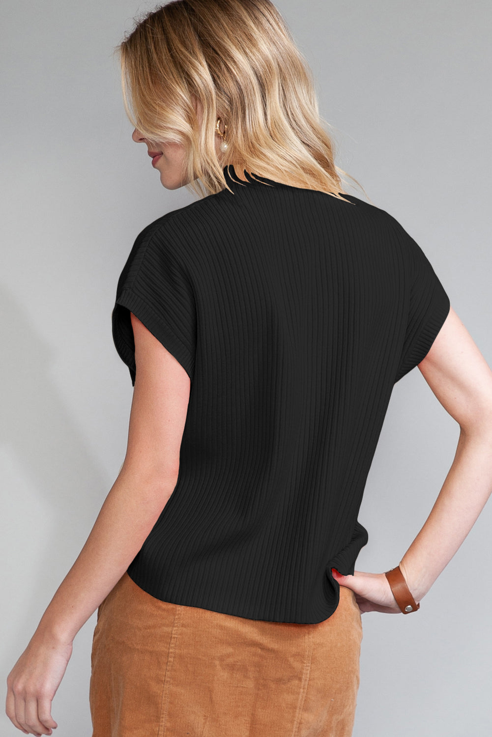 Black Patch Pocket Ribbed Knit Short Sleeve Sweater-Chaelisa's New Jammies