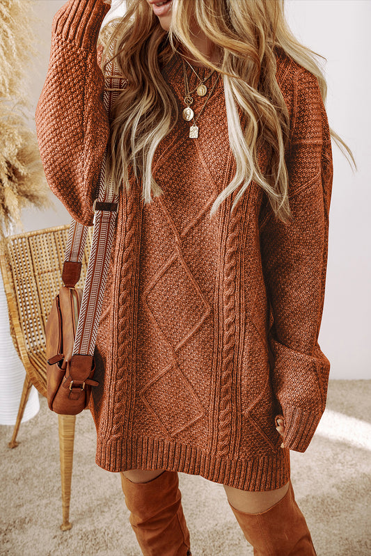 Coffee Cable Knit Drop Shoulder Loose Fit Sweater Dress-Chaelisa's New Jammies