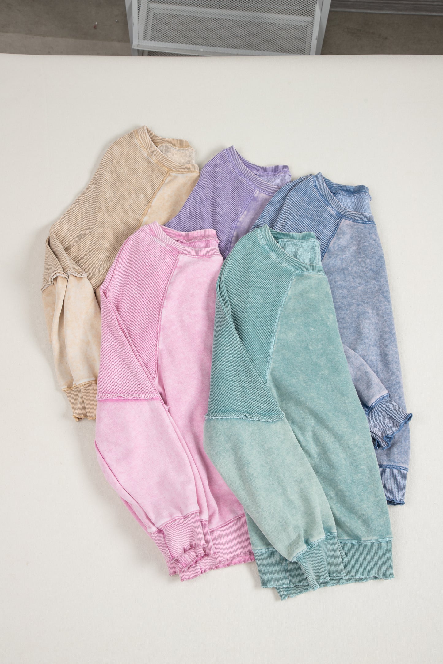 Mineral Blue Solid Waffle Knit Patchwork Raglan Sleeve Sweatshirt-Chaelisa's New Jammies