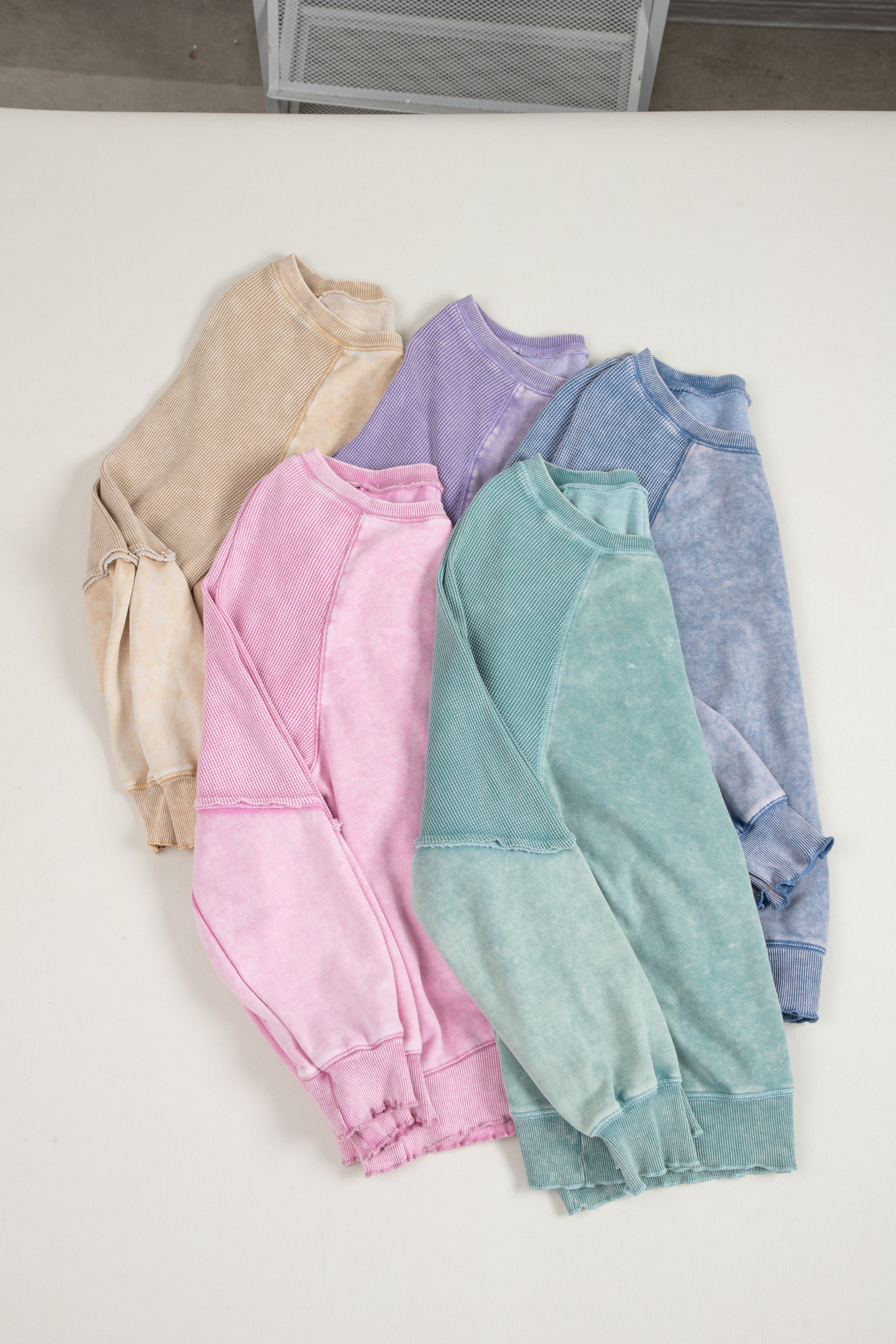 Mineral Blue Solid Waffle Knit Patchwork Raglan Sleeve Sweatshirt-Chaelisa's New Jammies