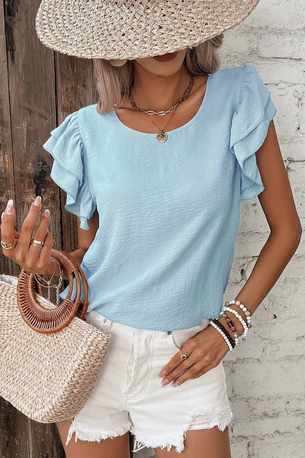 Mist Blue Solid Color Ruffled Short Sleeve Casual Blouse-Chaelisa's New Jammies