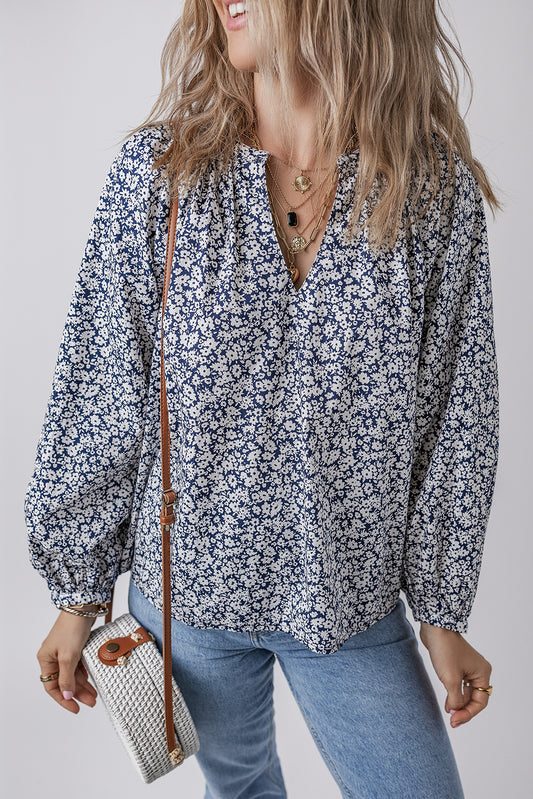 Blue Floral Print Notched V Neck Puff Sleeve Blouse-Chaelisa's New Jammies
