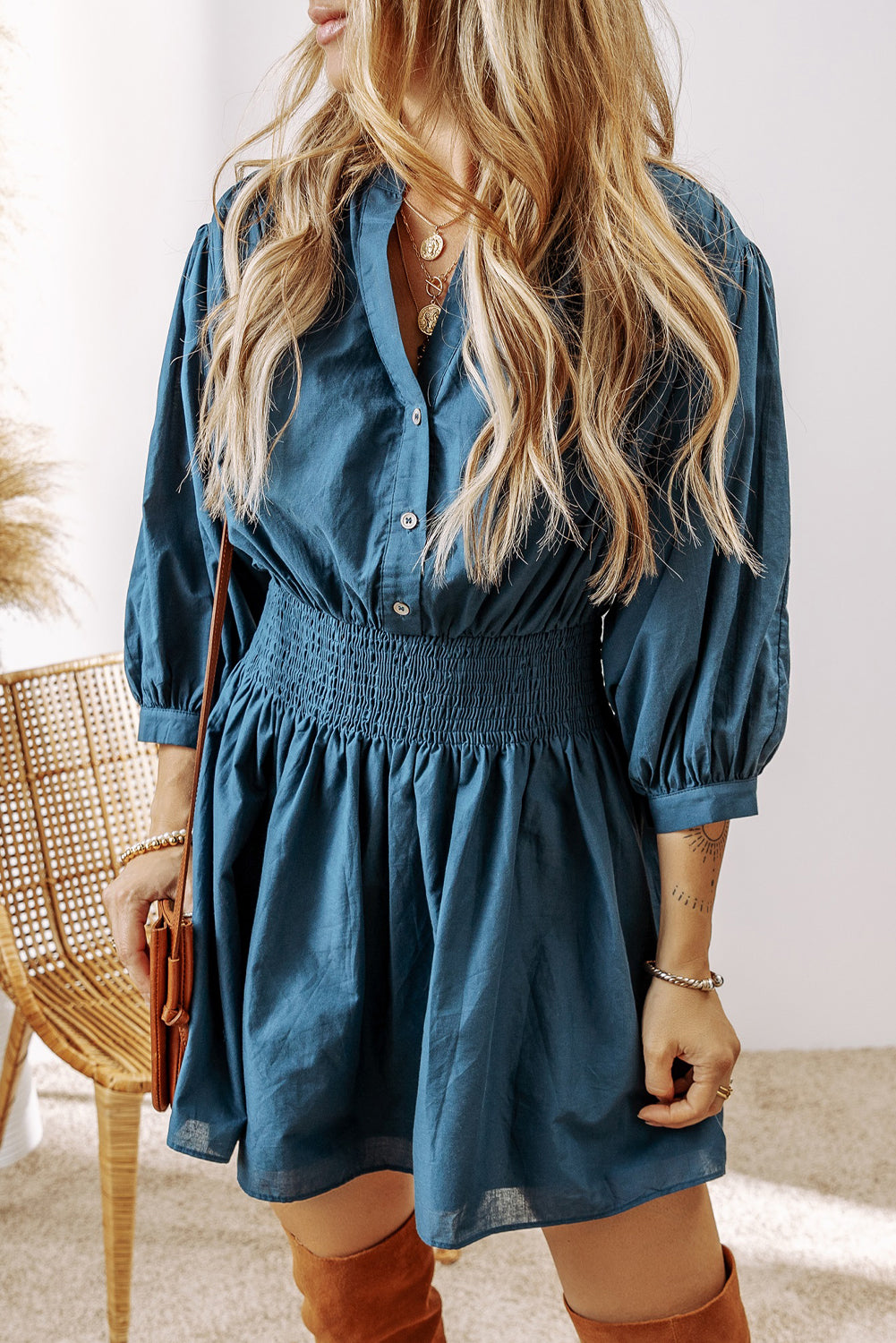 Prussian Blue 3/4 Sleeve Shirred High Waist Buttoned Mini Dress-Chaelisa's New Jammies