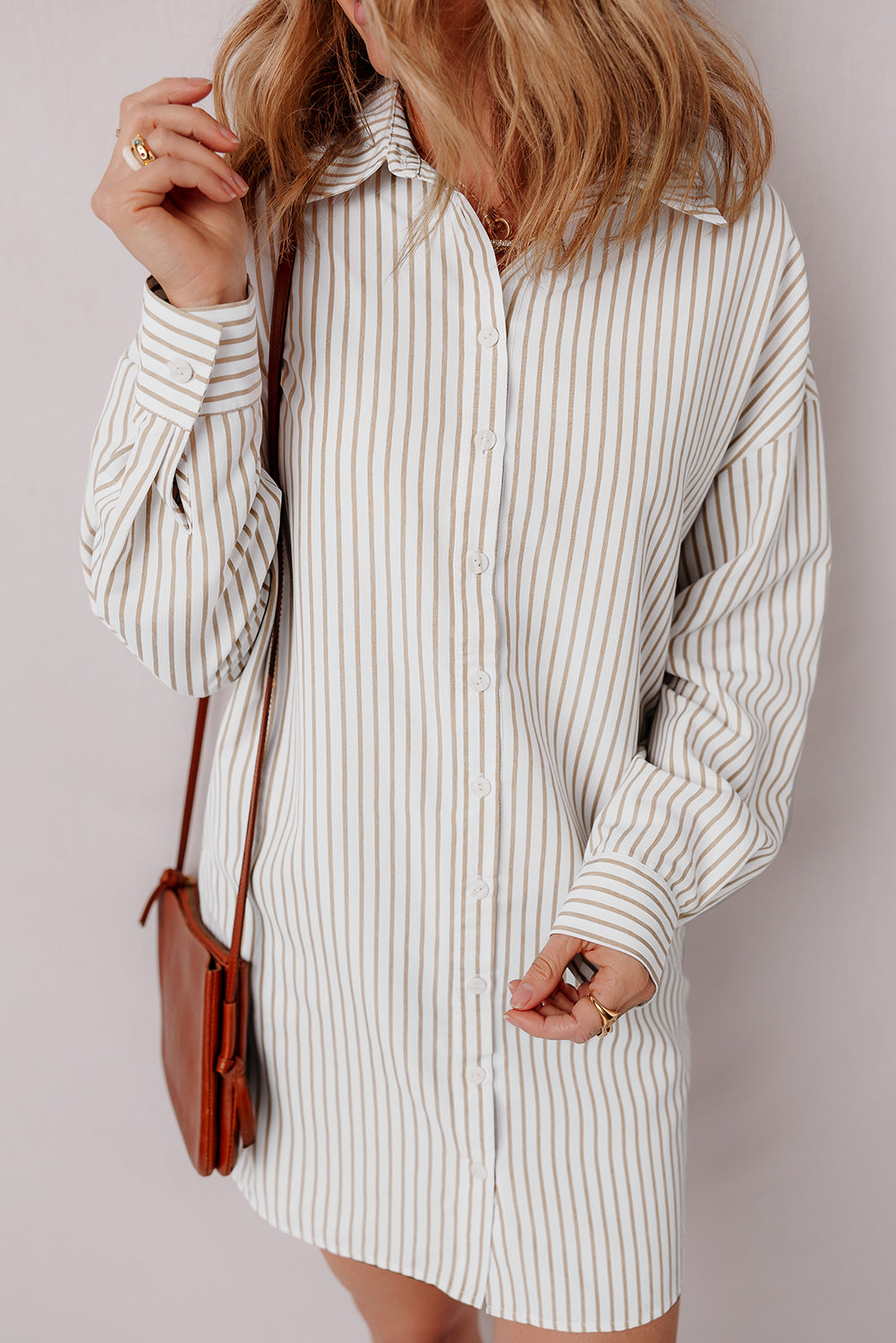 Khaki Stripe Long Sleeve Button Up Mini Shirt Dress-Chaelisa's New Jammies