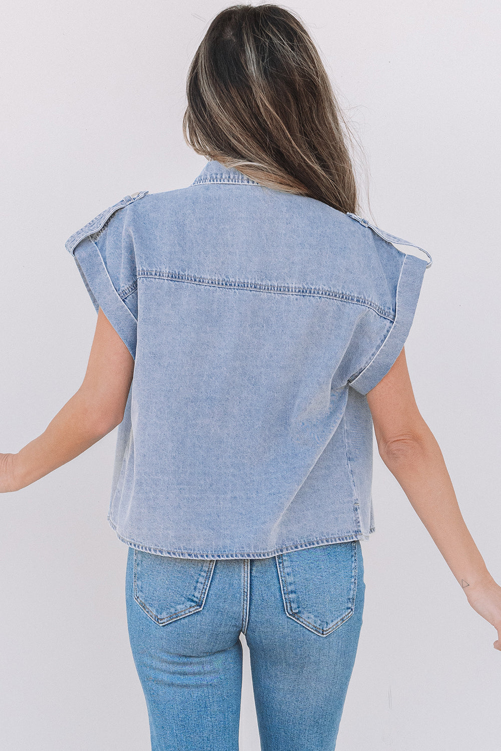Dusk Blue Denim Pinup Folded Cap Sleeve Shirt-Chaelisa's New Jammies
