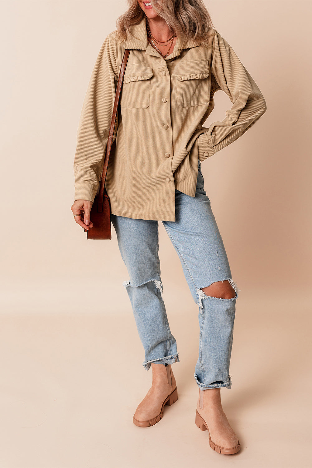 Light French Beige Solid Frilled Flap Pocket Button Up Corduroy Shacket-Chaelisa's New Jammies
