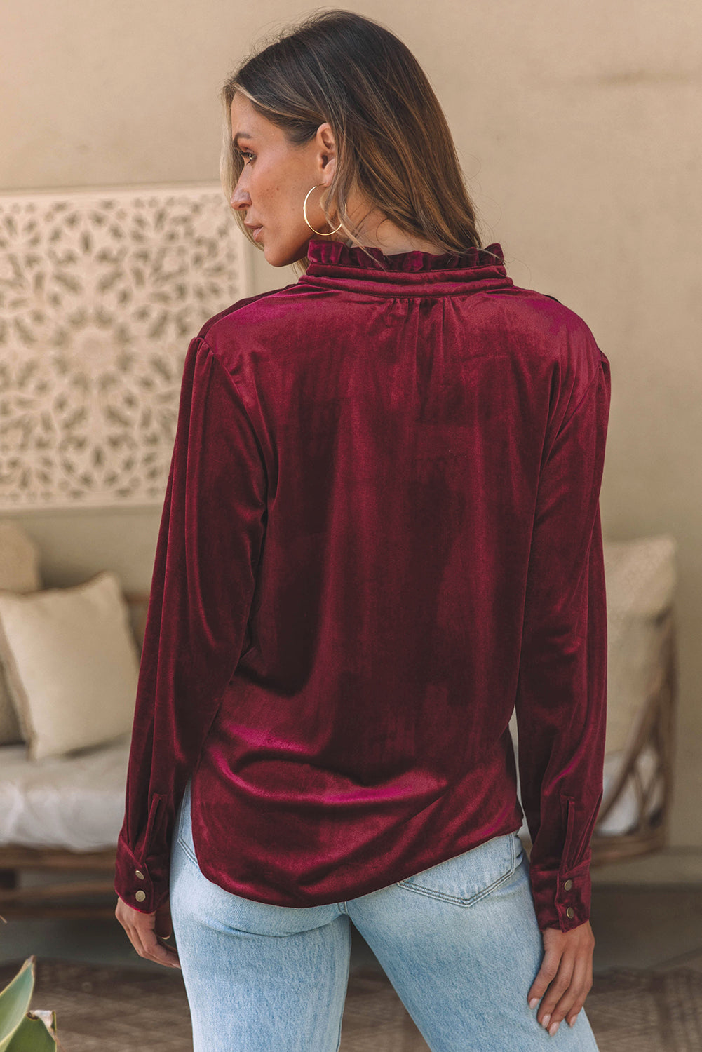 Burgundy Frilled Neck Buttoned Front Velvet Top-Chaelisa's New Jammies