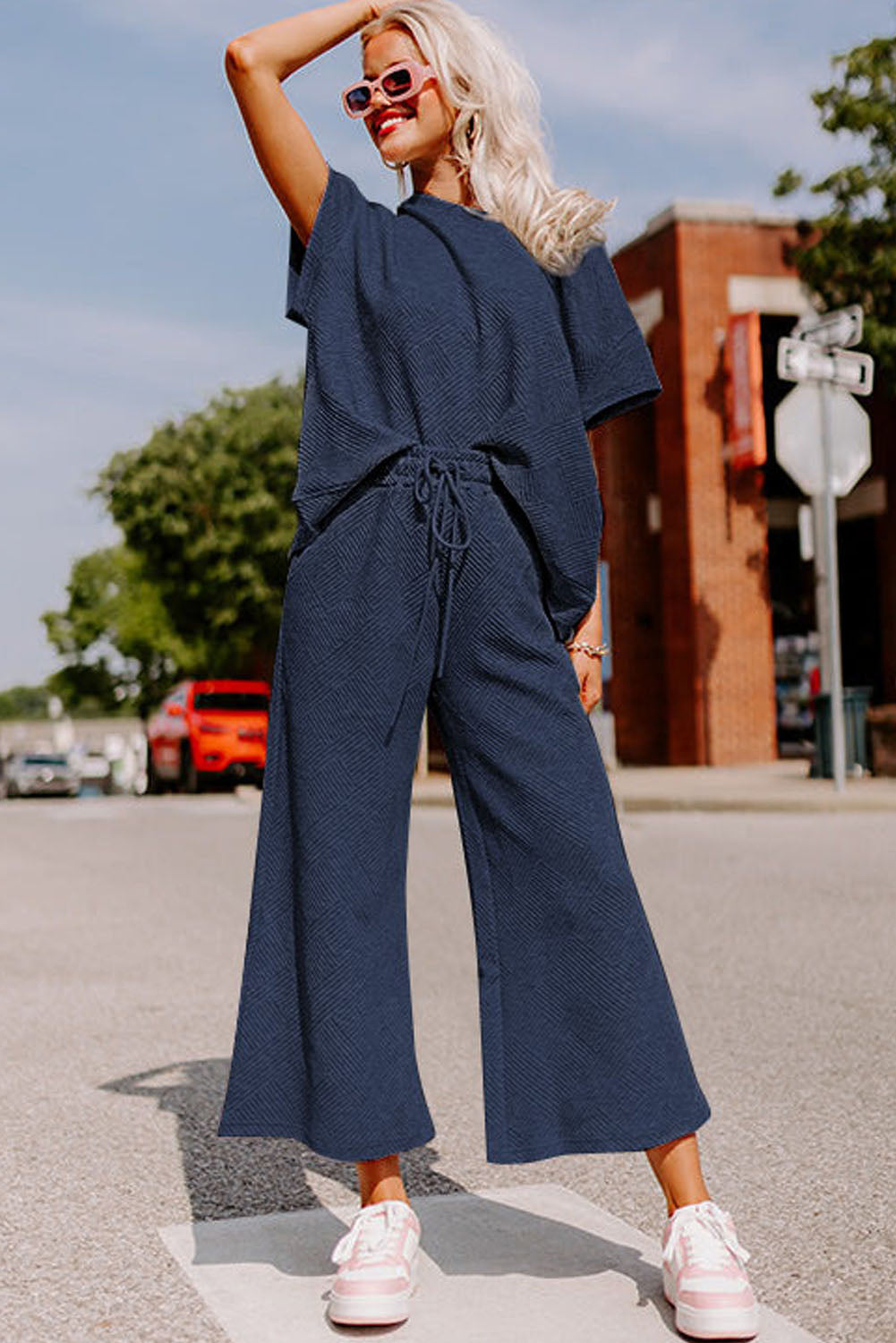 Navy Blue Textured Loose Fit T Shirt and Drawstring Pants Set-Chaelisa's New Jammies