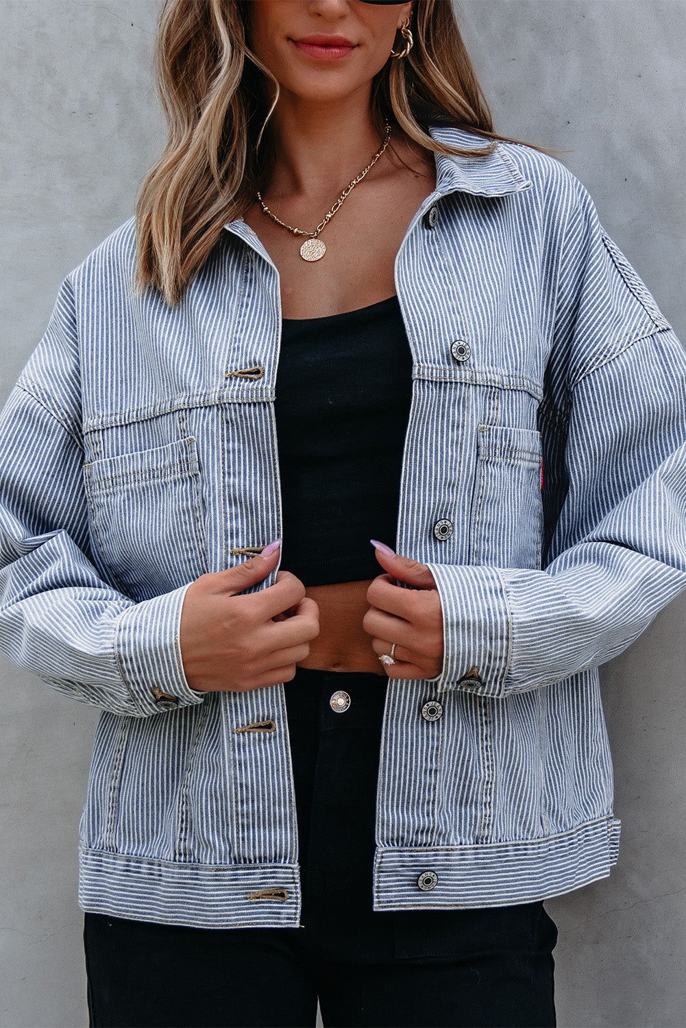 Sky Blue Stripe Washed Oversize Pocketed Denim Jacket-Chaelisa's New Jammies