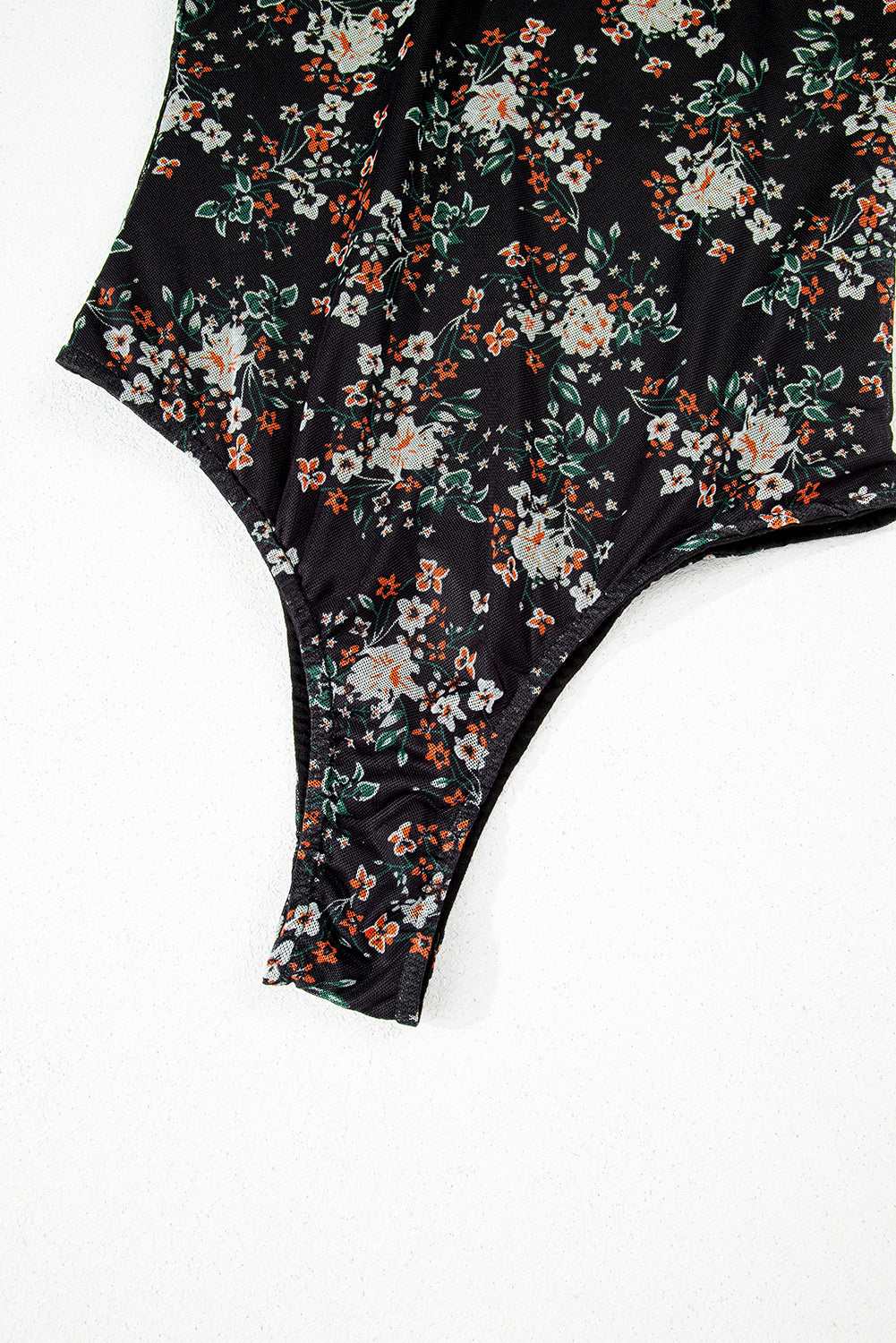 Black Floral Print U Neck Short Puff Sleeve Bodysuit-Chaelisa's New Jammies