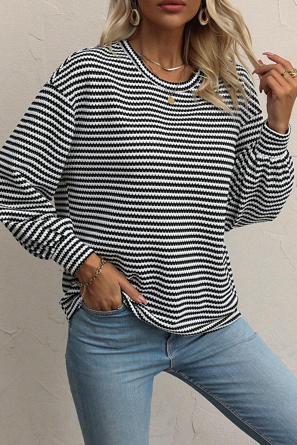 Black Stripe Round Neck Drop Shoulder Long Sleeve Top-Chaelisa's New Jammies