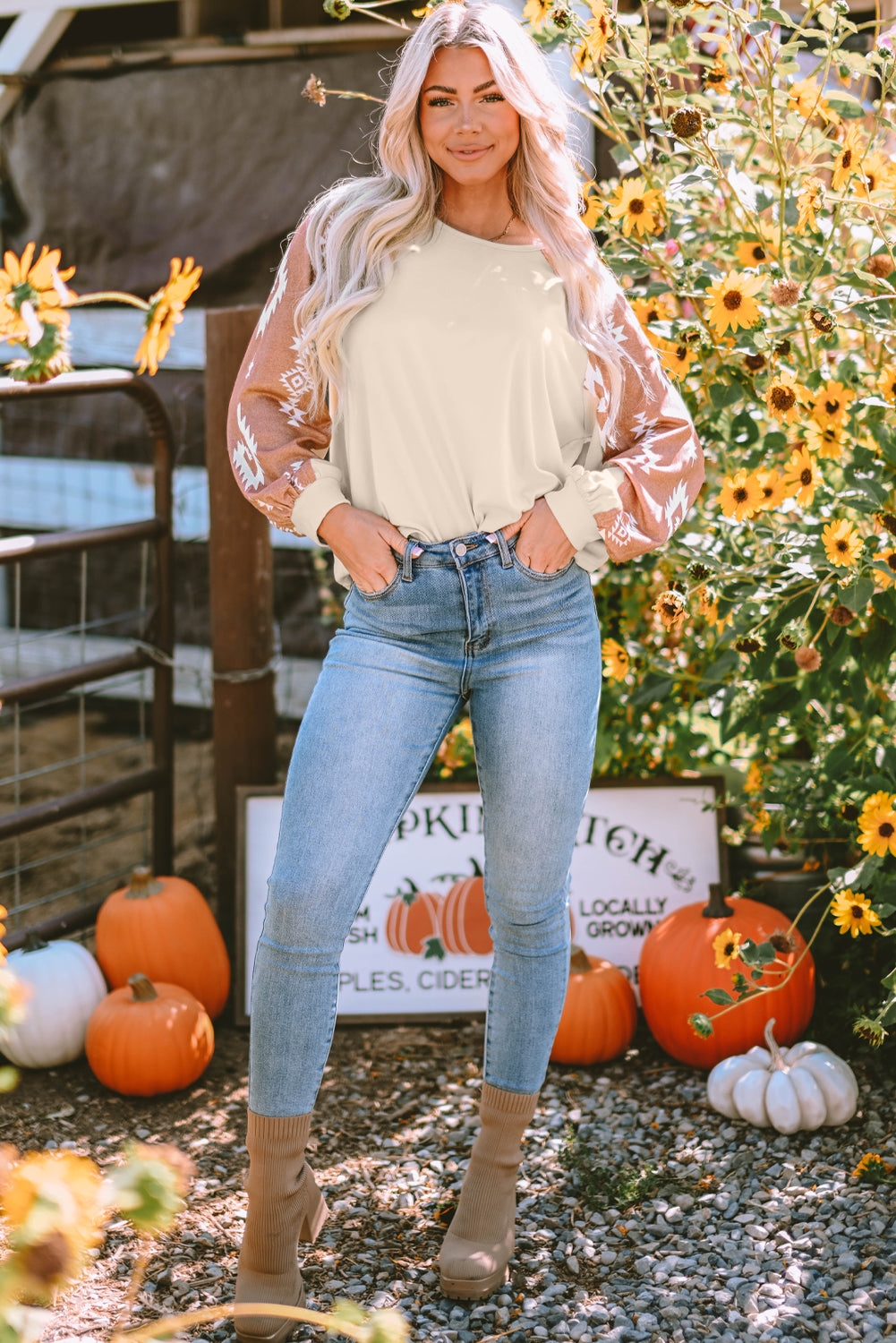 Apricot Western Print Patch Long Sleeve Top-Chaelisa's New Jammies