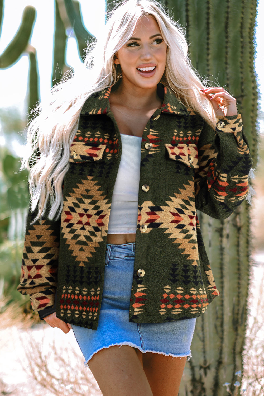 Green Aztec Print Flap Pockets Long Sleeve Shacket-Chaelisa's New Jammies