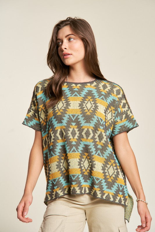 Davi & Dani High-Low Geometric Round Neck Knit Top-Chaelisa's New Jammies