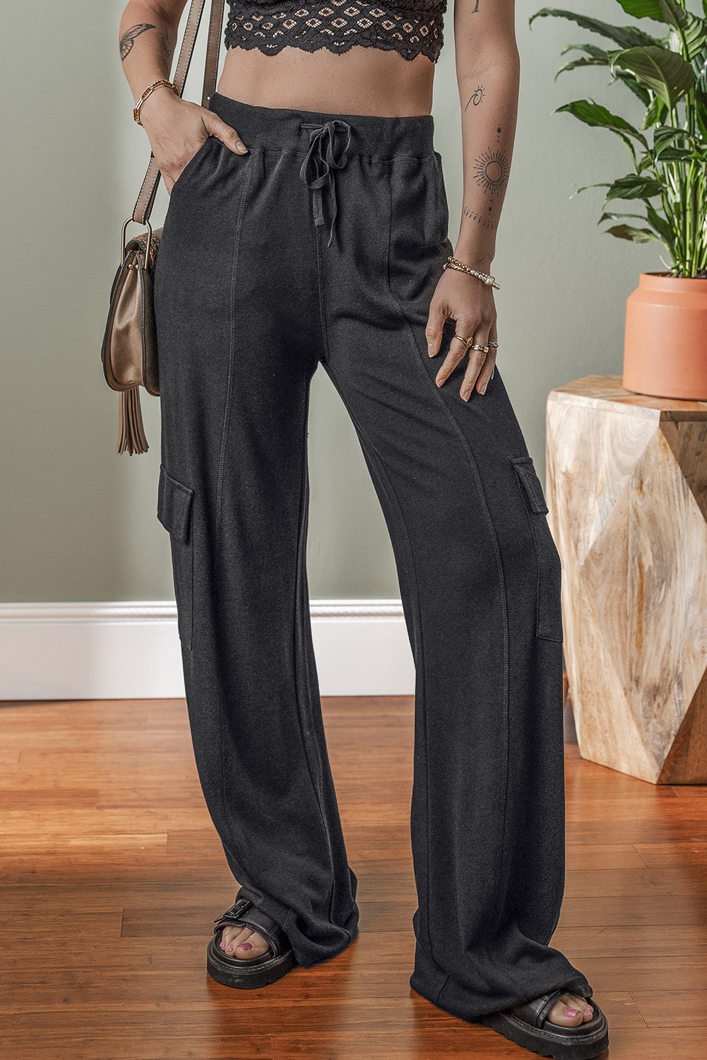 Carbon Grey Cargo Pockets Drawstring Sweatpants-Chaelisa's New Jammies