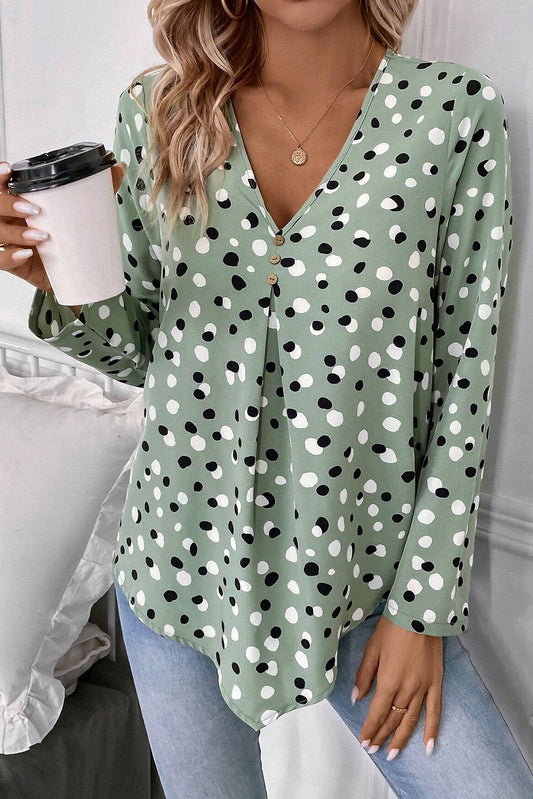 Green Polka Dot Print Button Front V Neck Blouse-Chaelisa's New Jammies