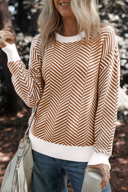 Coffee Contrast Edge Crew Neck Drop Shoulder Sweater-Chaelisa's New Jammies
