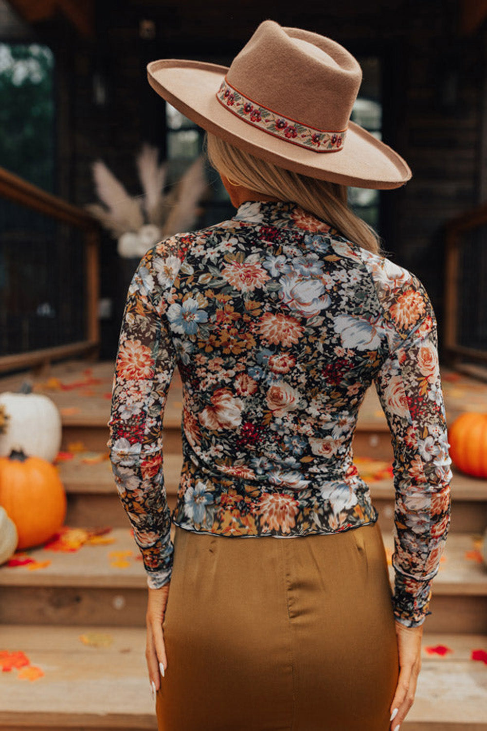 Brown Floral Long Sleeve High Neck Sheath Mesh Blouse-Chaelisa's New Jammies