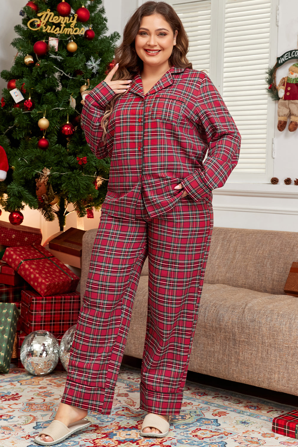 Red Plaid Printed Shirt and Pants Plus Size Lounge Set-Chaelisa's New Jammies
