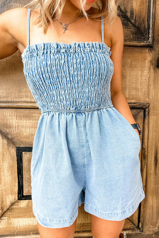 Beau Blue Spaghetti Strap Smocked Denim Romper-Chaelisa's New Jammies