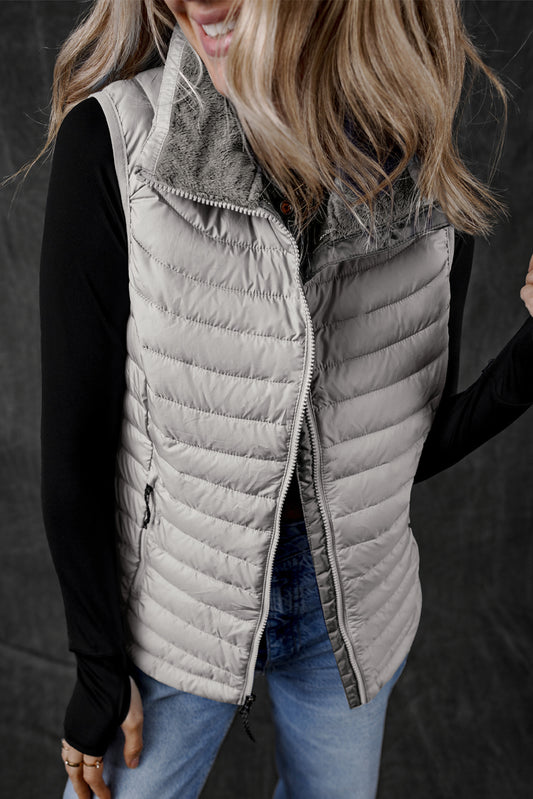 Silvery Plush Collared Quilted Zipped Puffer Vest-Chaelisa's New Jammies