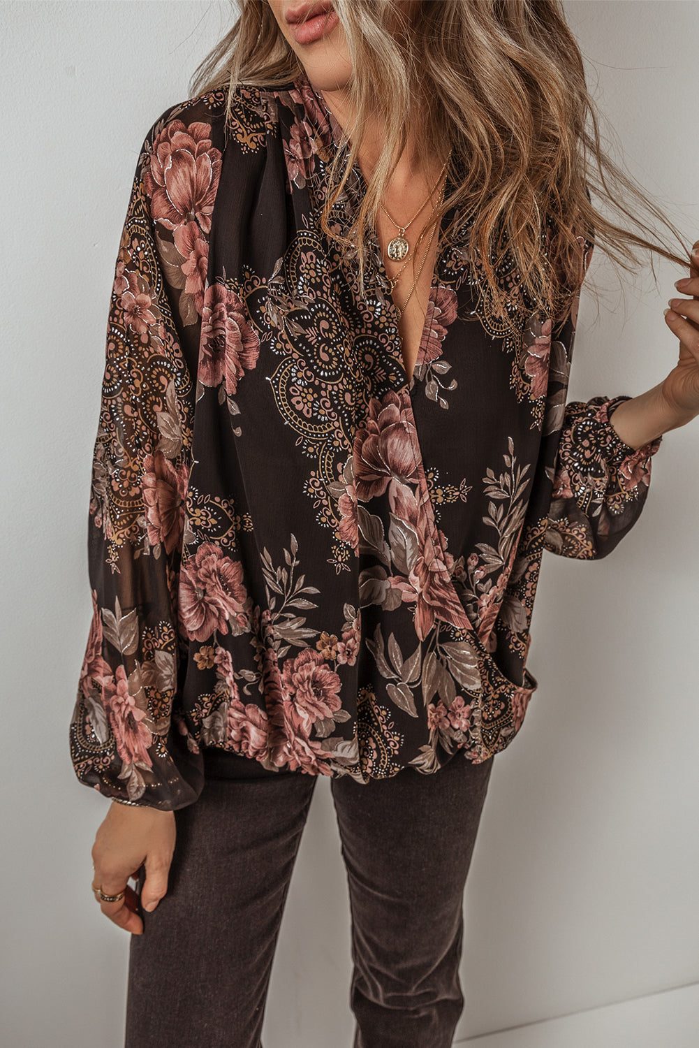 Black Floral Print Criss Cross V Neck Balloon Sleeve Blouse-Chaelisa's New Jammies