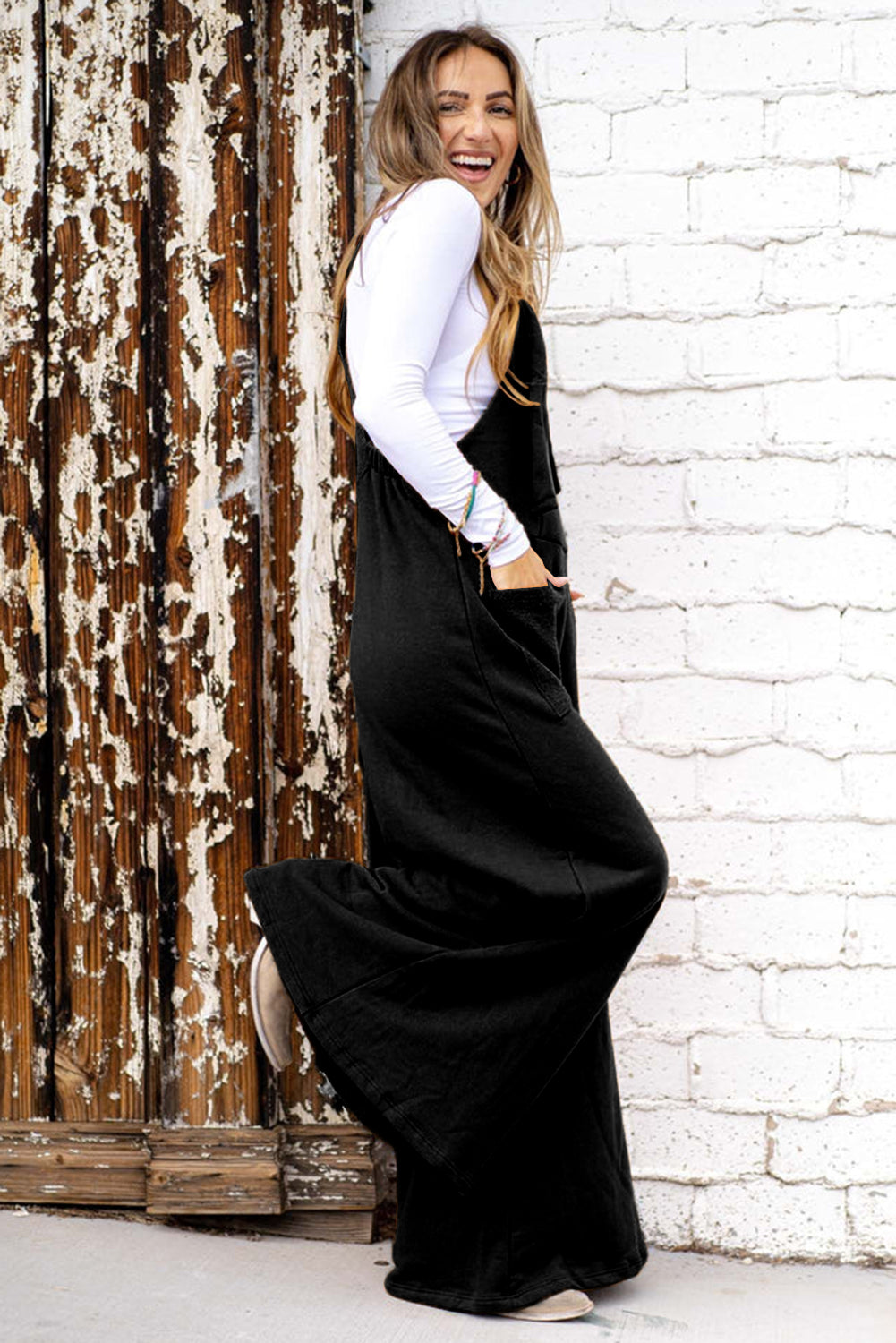 Black Knotted Straps Patch Pocket Wide Leg Jumpsuit-Chaelisa's New Jammies
