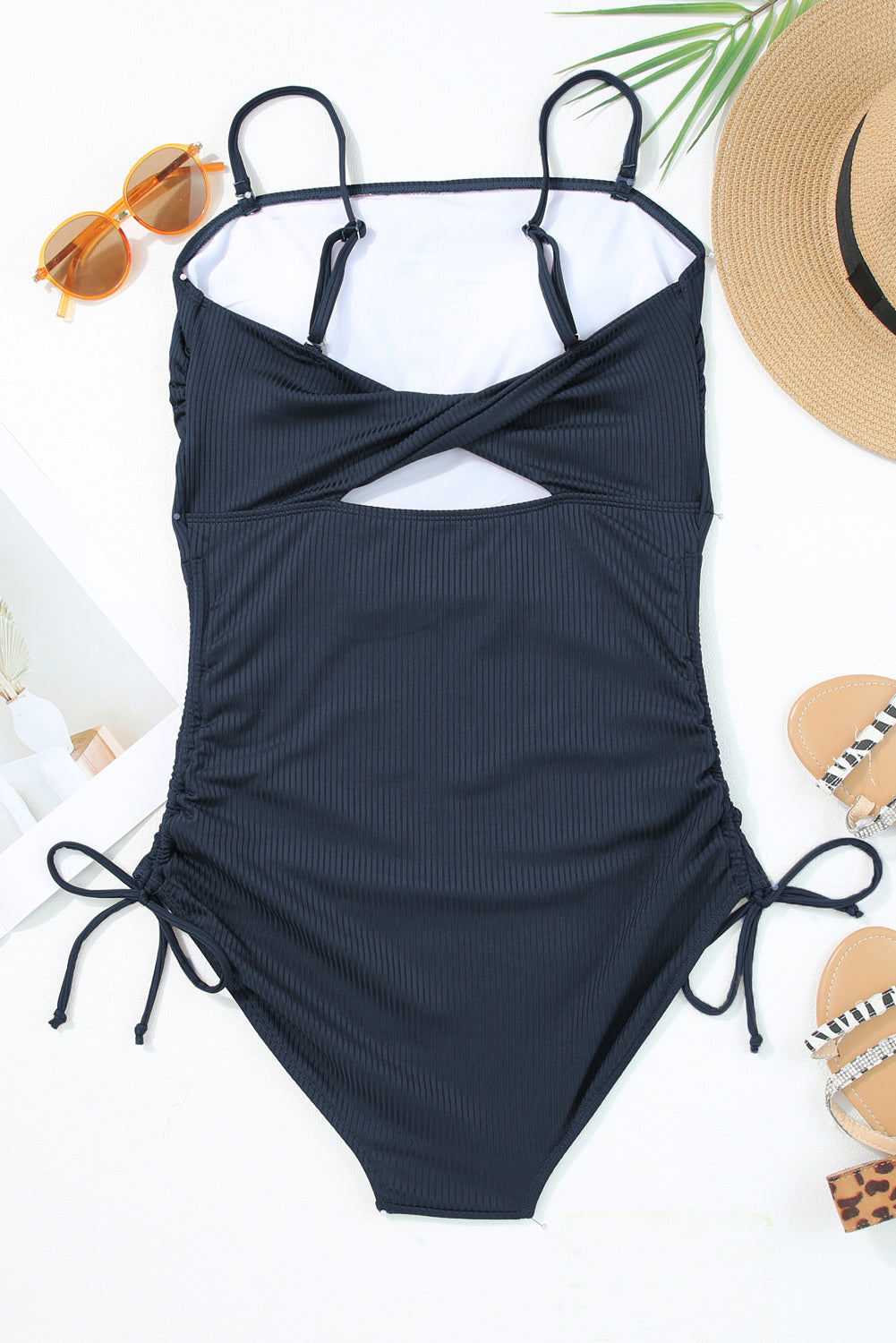 Navy Blue Ribbed Drawstring Sides Cutout One Piece Swimsuit-Chaelisa's New Jammies