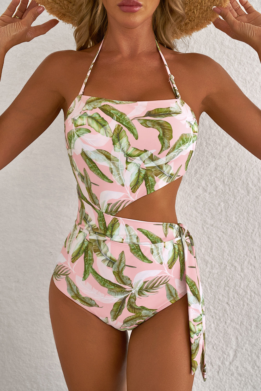 Pink Tropical Asymmetric Cut out Halter Backless One Piece Swimwear-Chaelisa's New Jammies