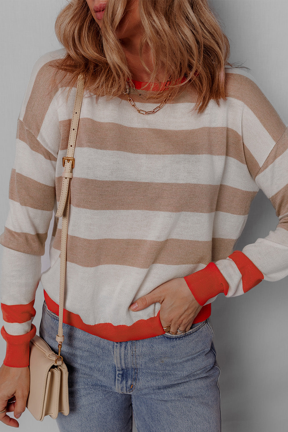Apricot Colorblock Striped Round Neck Drop Shoulder Sweater-Chaelisa's New Jammies