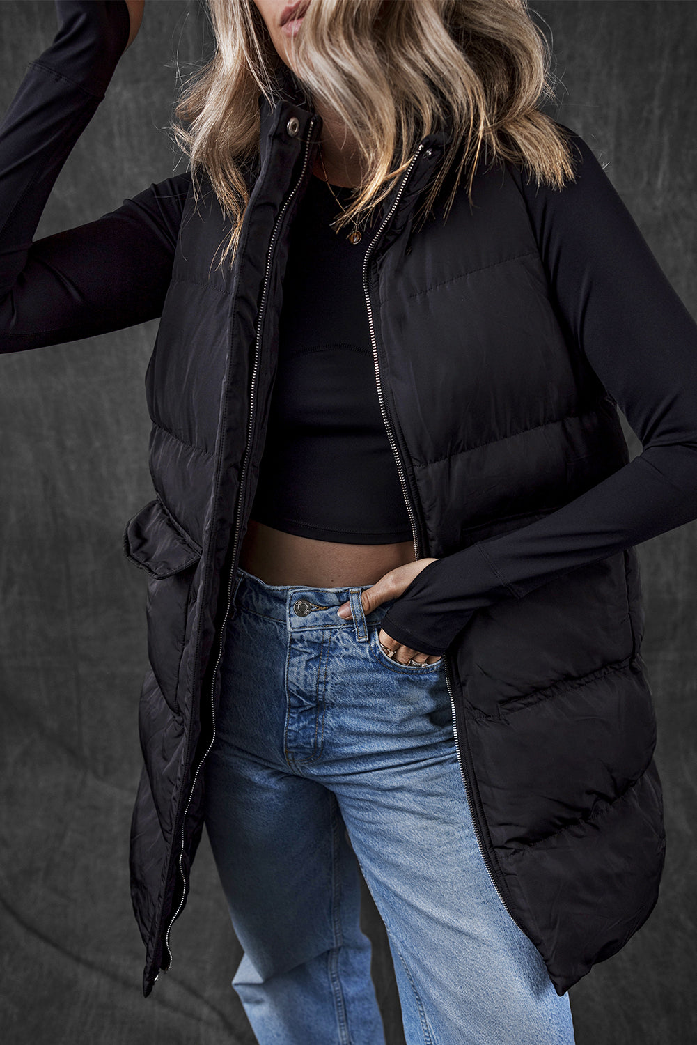 Black Windproof Longline Full Zipper Puffer Vest with Pockets-Chaelisa's New Jammies